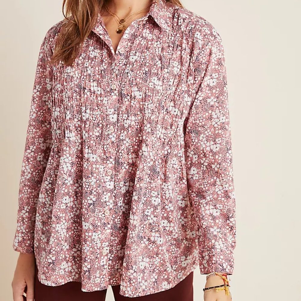 Anthropologie Sasha Smocked Boyfriend Buttondown Pink Size Small - Picture 2 of 9
